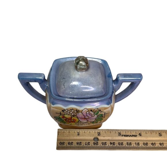 Vintage Peach Lusterware Japan Floral Ceramic Creamer 2 handled lidded Sugar Set - Picture 15 of 16